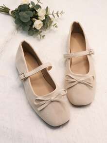 Women's Soft Sweet Bow Square Toe Low Vamp Strap Flat Ballet Shoes - Beige - View 4