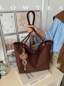 low tea 1pc Minimalist Suede Fabric Shoulder Tote Bag, Suitable For Commuting, Shopping, Etc. (With Pendant) - Coffee - View 2
