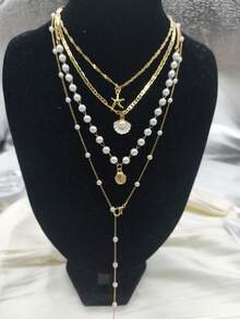 4pcs Fashion Minimalist Starfish & Shell Pendant Y-Shaped Chain Necklace Set, Layered Necklaces For Women, Vacation, Date, Party, Ball, Banquet, Holiday, Birthday Gift, Daily Wear - Yellow Gold - View 3