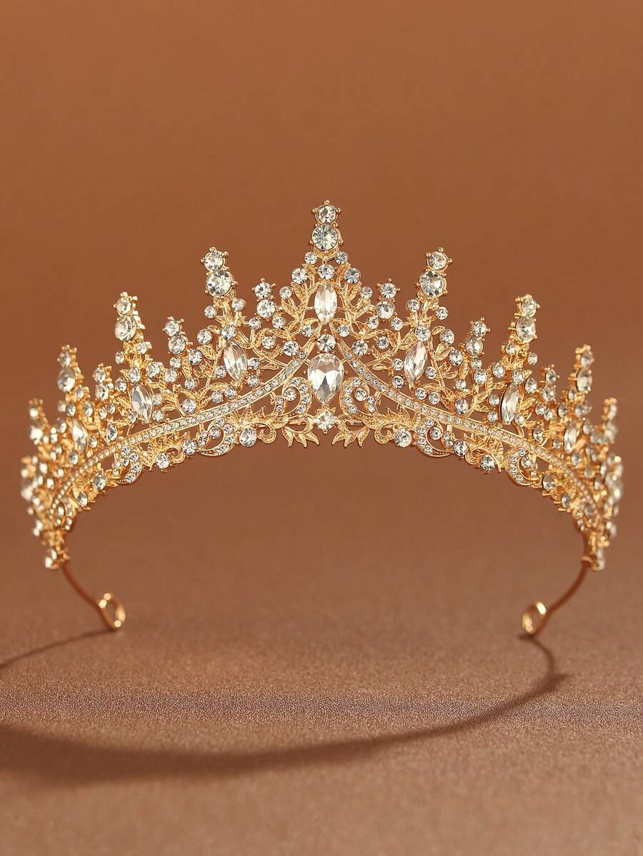 1pc Fashionable Elegant Alloy Crown Decoration, Suitable For Women Wedding Party Hair Accessories (U-Shaped Clips Recommended To Assist Fixing) - Gold - View 1