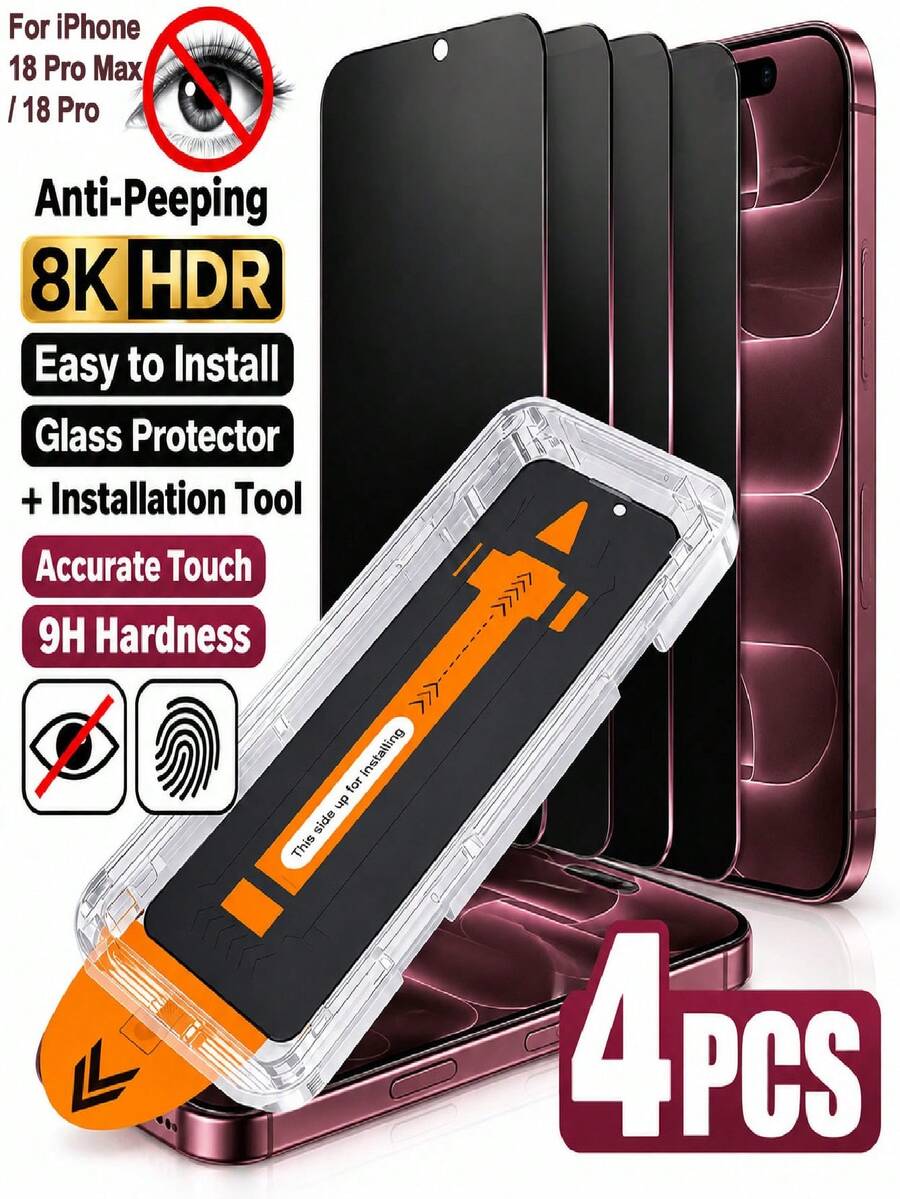 4pcs 8K Privacy Tempered Glass Screen Protectors Compatible With IPhone 18 Pro Max/18 Pro/17 Pro Max/17/16/15/14/13/12/11/Mini 9H Hardness, Easy Installation Frame, Anti-Spy, Auto Dust-Elimination, Sensitve Touch - Black - View 1
