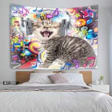 Fun Pixel Music Cat Tapestry, Polyester Fiber Wall Decor Hanging, Featuring A Cute Tabby Cat Wearing Headphones Enjoying Music, Colorful Pixel Style Background With Dynamic Musical Notes And Retro Digital Icons; Single-Sided Print, Suitable For Bedroom, Dorm Or Living Room Decoration; A Creative And Fun Home Decor Gift For Teenagers And Cat Lovers. - Multicolor - View 4