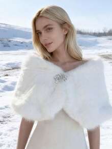 1pc Women's Pure White Faux Fur Shawl With Rhinestone Buckle, Elegant Warmth For Winter Wedding / Evening Dress, Luxurious Style For Snowy Scenes, Daily Cold Protection And Warmth - White - View 1