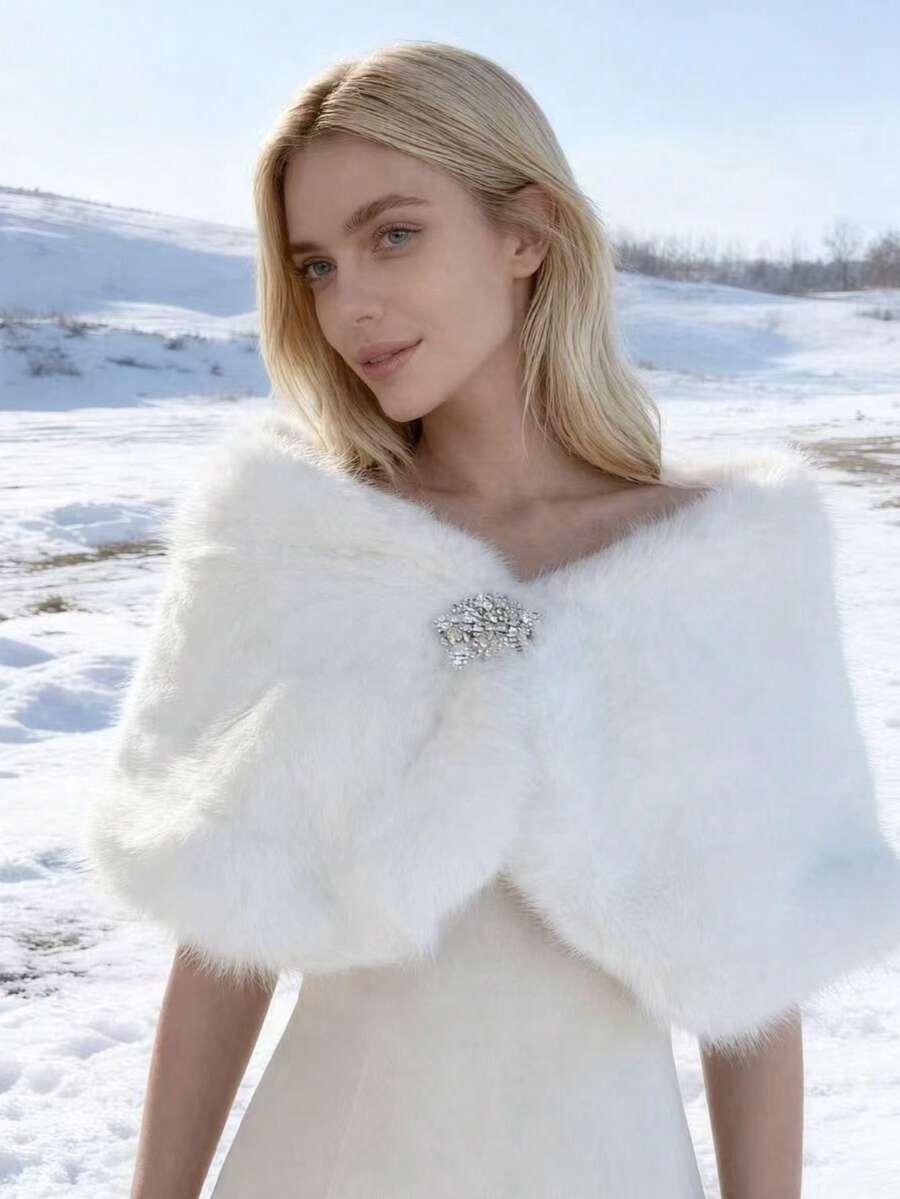 1pc Women's Pure White Faux Fur Shawl With Rhinestone Buckle, Elegant Warmth For Winter Wedding / Evening Dress, Luxurious Style For Snowy Scenes, Daily Cold Protection And Warmth - White - View 1