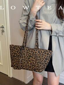 low tea 1pc Square Leopard Print Canvas Shoulder Bag, Suitable For Commuting, Shopping, Etc. (With Small Pouch) - Brown - View 10