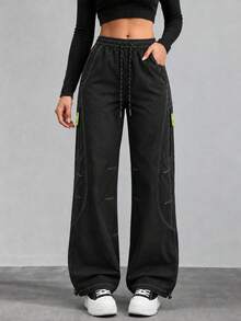 Women's Black Cargo Pants With Wide Leg, Drawstring Elastic Waist, Contrast Stitching, Zipper Pockets And Adjustable Hems - Black - View 6