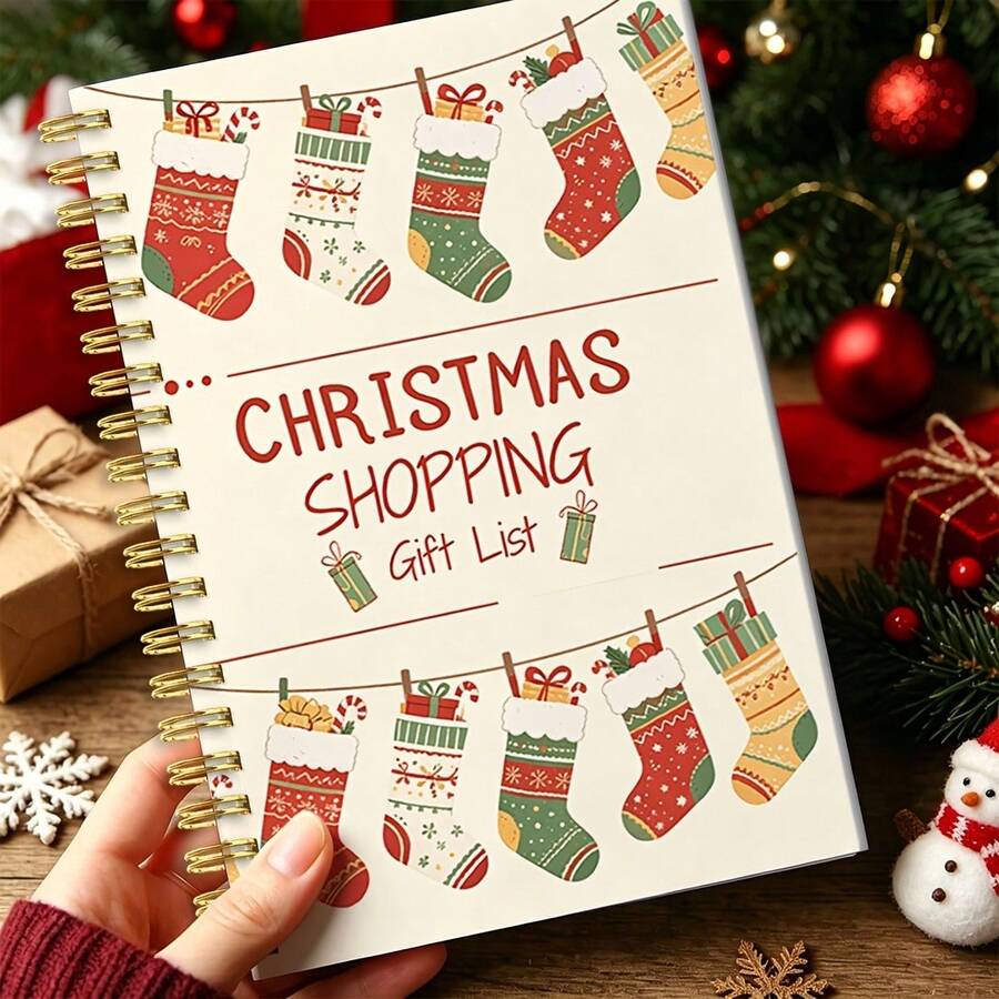 Shopping List Record 1pc Fun Colorful Socks Ornament, Christmas Shopping List Notebook, Gift Budget Planner, Expense Control Manual, Christmas Planning Pages, Workplace Christmas Gift, Personal Holiday Planner, Gold Spiral Binding, Smooth - Notebook - View 1
