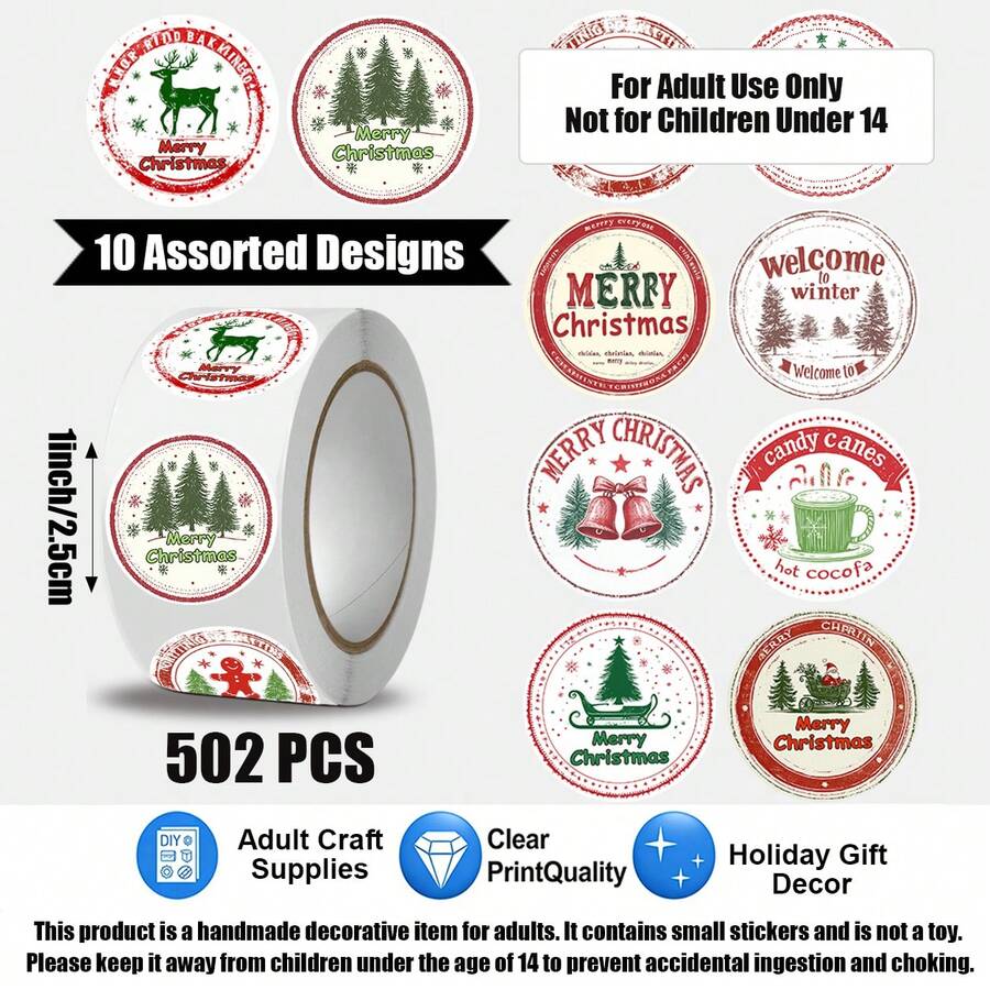 502 Pcs/Roll Christmas Elements, Christmas Tree And Deer Pattern, Christmas Stickers, 10 Assorted Styles, Gift Wrapping Labels, Scrapbook Stickers, Planner Gift Wrapping, Paper Craft Decoration, Party Gifts, Gift Box Decoration And Reward Stickers - Multicolor - View 1