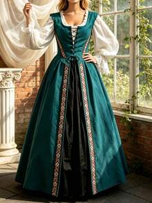 Women Renaissance Medieval Costume Dress, Puff Long Sleeve Square Neck ...