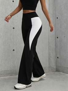 Women's Solid Color Patchwork High Waist Letter Waistband Yoga Casual Sports Knit Long Pants - Black and White - View 3
