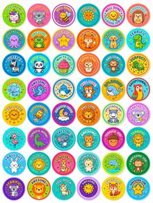 50Pcs Colorful Round Kids Reward Sticker Pack, Cartoon Animal Inspirational Praise‑Word Decals, Motivational Incentive Stickers For Kindergarten Classroom, Parent‑Child Encouragement DIY Accessories - Multicolor - View 6