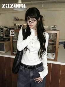 Korean Style Minimalist All-Match Versatile Henley Neck Pullover Slimming Base Layer Long Sleeve T-Shirt Top For Women - White - View 1