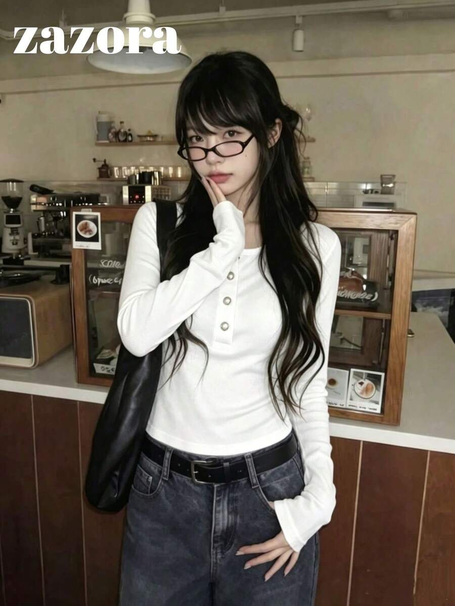 Korean Style Minimalist All-Match Versatile Henley Neck Pullover Slimming Base Layer Long Sleeve T-Shirt Top For Women - White - View 1
