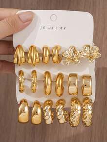 6/18pcs Fashion Stud Earrings Set, Exaggerated Oversized C-Shaped Elegant Long Earrings, Multi-Style Series Earring Set Suitable For Daily And Holiday Wear For Women, Made Of CCB Material With Non-Fading UV Gold Plating - Multicolor - View 5