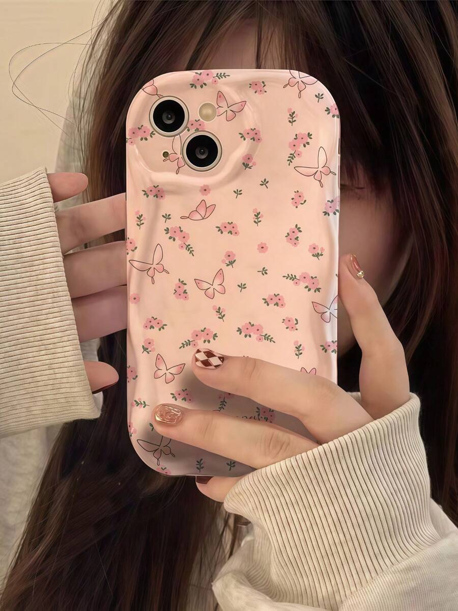 1pc Dopamine Wave Ruffle Soft TPU Texture Phone Case Compatible With Apple 18 Pro Max/17 Pro Max 17 Air 17 Pro 17 16 Pro Max 16 Plus 16 Pro 16 15 Pro Max 15 Plus 15 Pro 15 14 Pro Max 14 Plus 14 Pro 14 13 Pro Max 13 Pro 13 12 Pro Max 12 Pro 11 Pro Max 11 Pro 11 XS Max XR X/XS 7 Plus 8 Plus/Galaxy S21 S22 S23 S24 S25 S26/Honor/ Creative Pink Gradient Butterfly Ditsy Floral Pattern - White - View 1