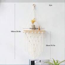 1pc Bohemian Style Macrame Wall Hanging With Wooden Board And Tassels, Handmade Woven Minimalist Shelf Wall Decor - Without Plants And Accessories - Beige - View 16