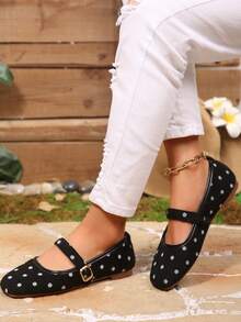 Women's Breathable Minimalist Buckle Polka Dot Square Toe Low Vamp One Strap Flat Ballet Shoes - Black - View 5
