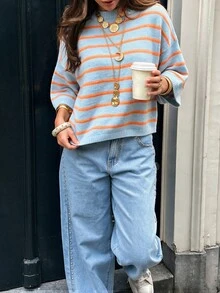 Women's New Autumn Contrast Color Striped Knit Top, Casual Daily Commute College Style - Warm Orange & Light Blue - View 3
