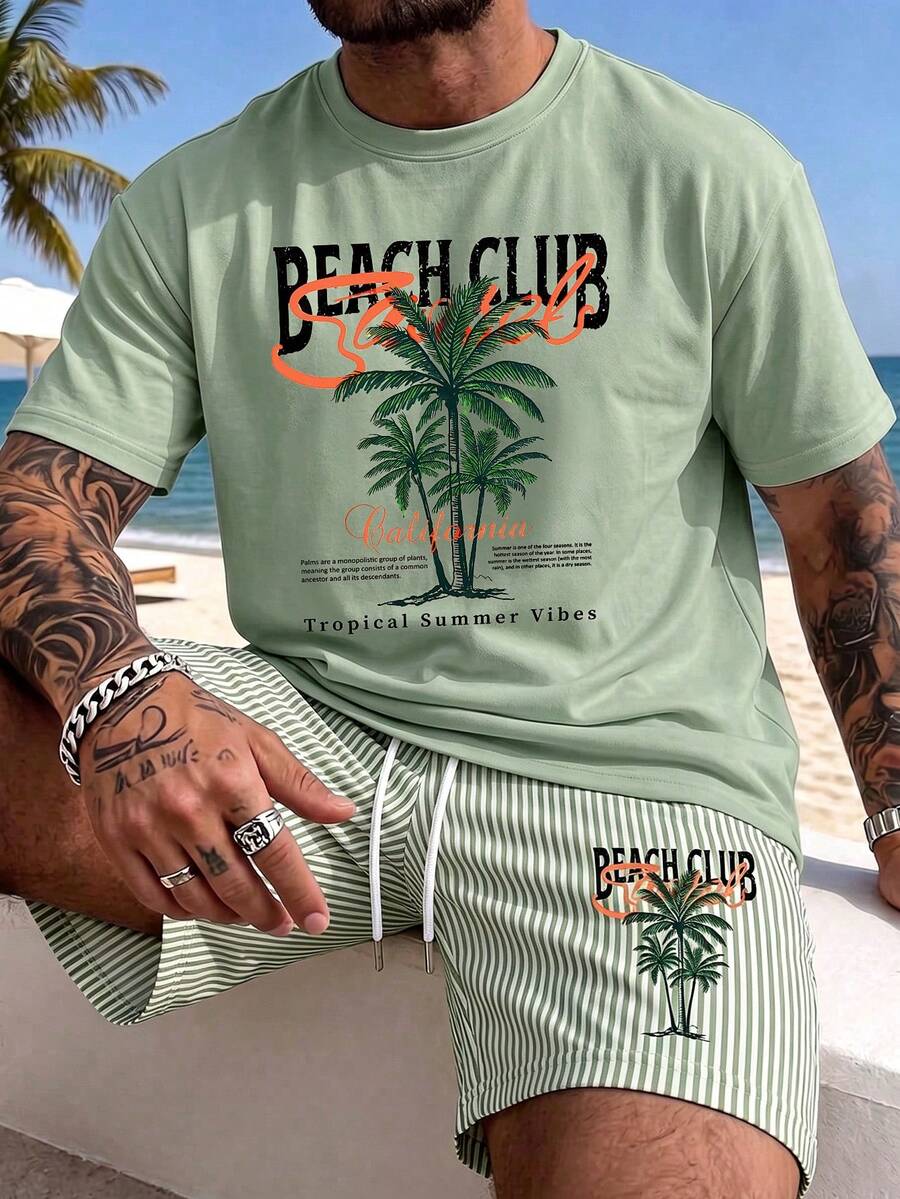 Men's Versatile Palm Tree Print Round Neck Short Sleeve T-Shirt And Casual Striped Shorts Beach Set, Summer - Olive Green - View 1