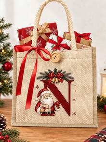 Initial And Name Christmas Canvas Gift Bag, 26 Initials, Custom Large Santa Claus Patterned Cloth Bag, Featuring A Red Bow Ribbon, Personalized Christmas Decoration Gift Party Favor - Multicolor - View 4