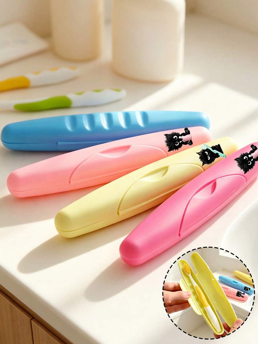 [Travel Storage Accessory] Printed Cute Black Cat Toothbrush Box, Portable Travel Toothbrush Case With Solid Color Sealed Lid, Waterproof - Multicolor - View 1