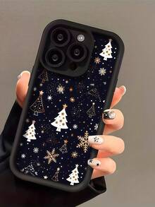 Matte Stepped Eye Frame Phone Case, Black Matte Phone Case, Gold Snowflake & Christmas Tree Pattern Anti-Drop Soft TPU Phone Protective Cover, Raised Camera Frame Anti-Drop Protection Women's Phone Case, Compatible With Apple 11, 12, 13, 14, 15, 16, 17, 18 Pro Max. Minimalist Neutral Style Phone Case, Specially Designed For Women - Black - View 2