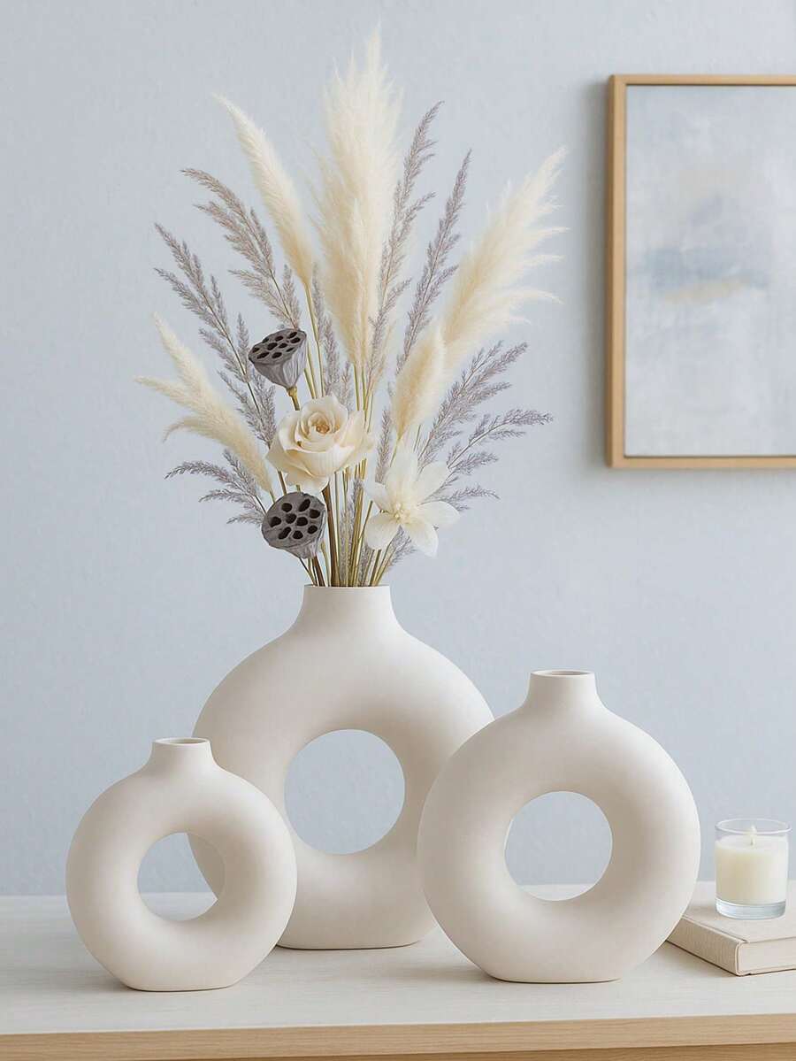 3/2/1pc White Vase Modern Home Decor Round Matte Reed Vase Minimalist Nordic Bohemian Style Suitable For Wedding Dining Table Party Living Room Office Bedroom - 1PC - View 1