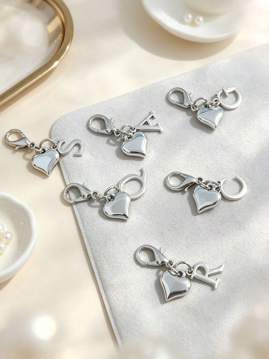 Silvery Exquisite Small Heart Pendant/Silvery 26-Letter Lobster Clasp Keychain/Suitable For Bags, Wallets, Handbags Keys And Other Decorative Hangings - Multicolor - View 1