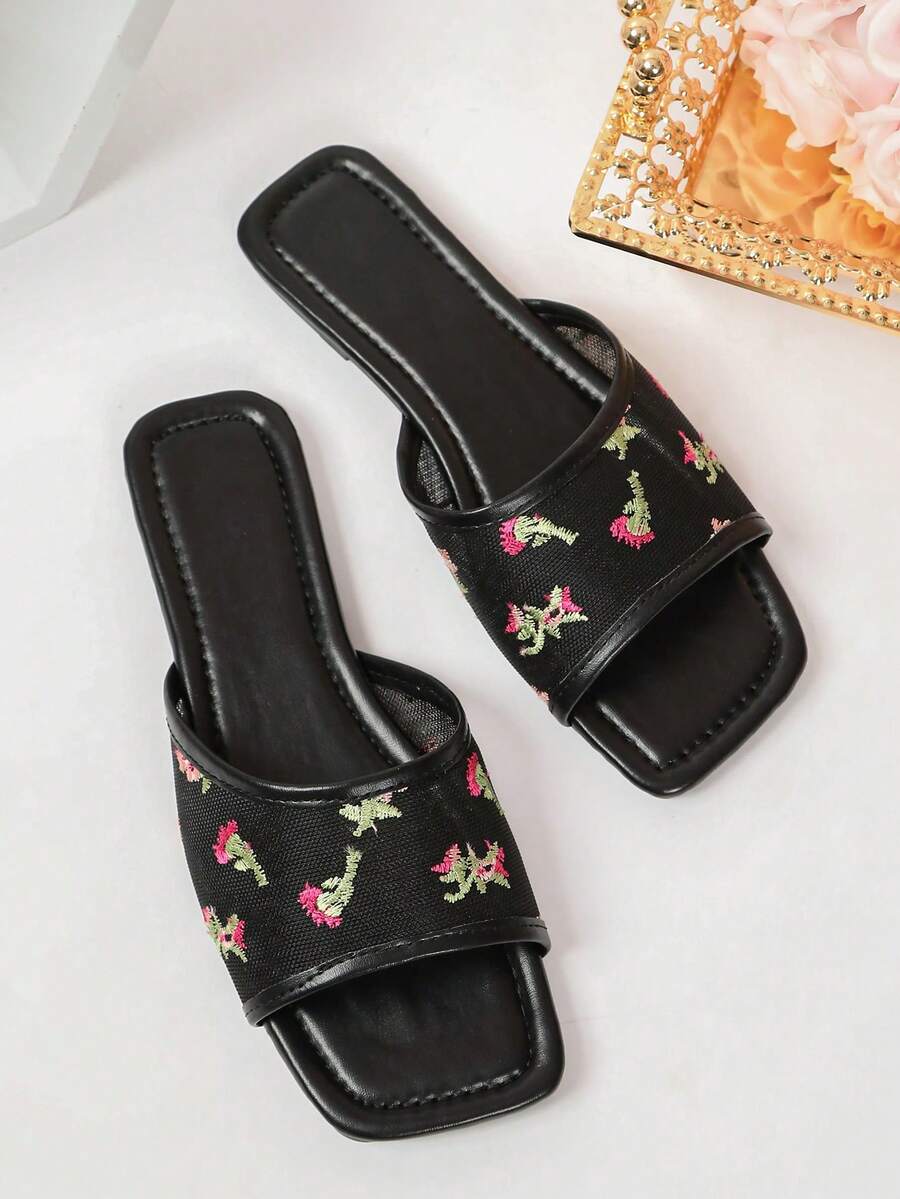 Embroidered Floral Mesh Square Toe Slide Sandals For Women, Flat Fairy Style Summer Outdoor Vacation Slippers - Black - View 1