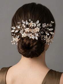 3pcs Elegant Faux Pearl Transparent Beaded Flower Hair Comb & Hair Stick Set, Handmade Woven Alloy Updo Hair Accessories For Wedding, Party, Bride - Gold - View 6