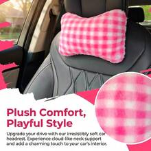1pc Sweet Checkerboard Plush Car Seat Neck Pillow, Travel Relaxation Head & Neck Support Pillow, Soft & Comfortable Car Headrest - A - View 7
