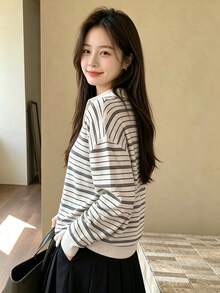 YCYC 韓式大廓形設計優雅百搭條紋鈕扣寬鬆慵懶針織上衣 - 白色 - 查看 5