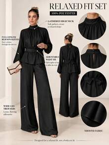 2pcs Solid Color Elegant Party Ruched Bust Tie Long Sleeve Top & Wide Leg Pants Set For Women, Beach, Evening, Date, Vacation, Early Autumn Black - Black - View 4