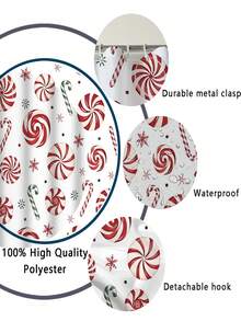1/4pcs Christmas Candy Cane & Snowflake Pattern Shower Curtain Set With 12 Hooks, Polyester Fabric Bathroom Decor, Machine Washable Holiday Shower Curtain, Suitable For Winter Wonderland Theme, Easy Installation - A - View 13