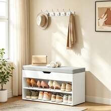 VASAGLE Zapatero, Banco Recibidor con 3 Compartimentos, Mueble Zapatero con Asiento Tapizado, 30 x 80 x 44 cm, Blanco Nube y Gris Paloma - Blanco - Ver 1
