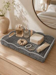 Cirelle 1Pc Scalloped Edge Woven,Handled Rectangular Storage Tray,Decorative Organizer Basket,Home Tabletop Dresser Countertop For Home Decor Lovers,Desktop Storage Decor,Kitchen Coffee Table Organizer - Multicolor - View 6