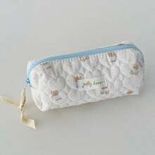 1Pc/Pcs Cute Quilted Blue Bear Cosmetic Bag, Soft Fabric Heart Pattern Makeup Organizer, Travel Toiletry Pouch With Zipper, Multi Sizes Storage Bags - Baby Blue - View 13