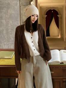 Autumn/Winter Color Block 2 In 1 V-Neck Casual Cardigan Knit Sweater - Coffee Brown - View 7