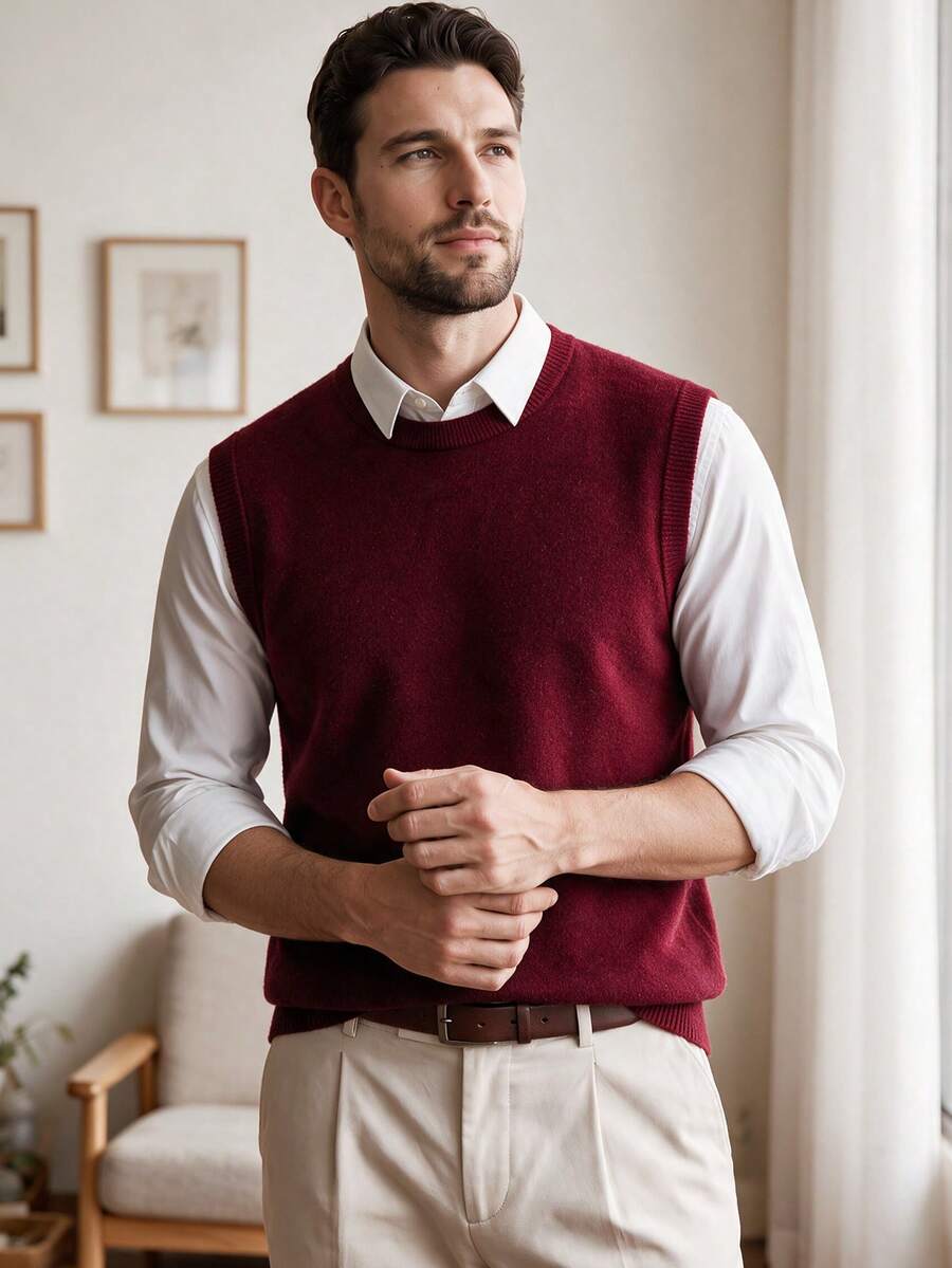 Men's Crew Neck Solid Colored Knit Sweater Vest, Autumn/Winter - Burgundy - View 1