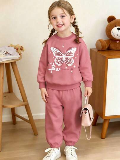 Toddler Butterfly Pattern Warm Crew Neck Sweatshirt And Sweatpants