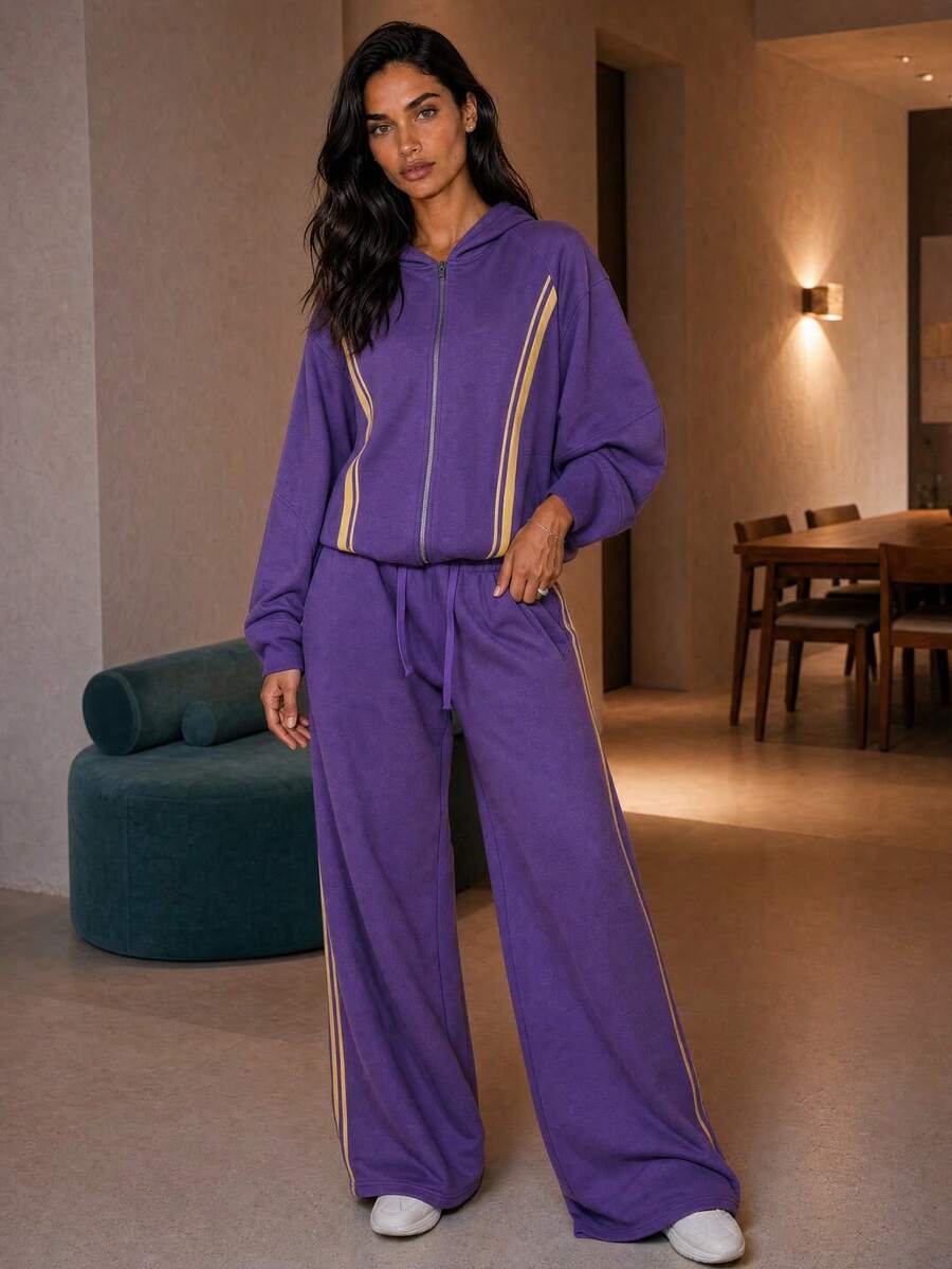 Dancing Leopard Purple Wide Leg Joggers, Relaxed Weekend Loungewear - Purple - View 1