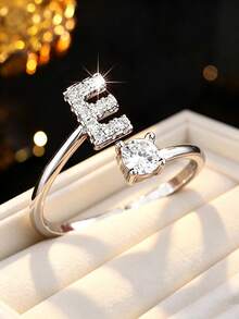 1pc 26-Letter Open Design Copper Zirconia Decorated Ring, Minimalist Style Versatile Index Finger Accessory For Women - Open Ring - View 2