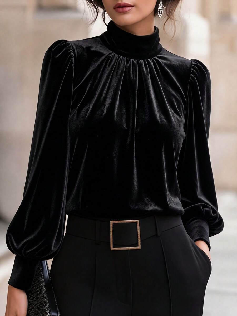 Women's Elegant Black Velvet Blouse, Long Lantern Sleeve Stand Collar ...