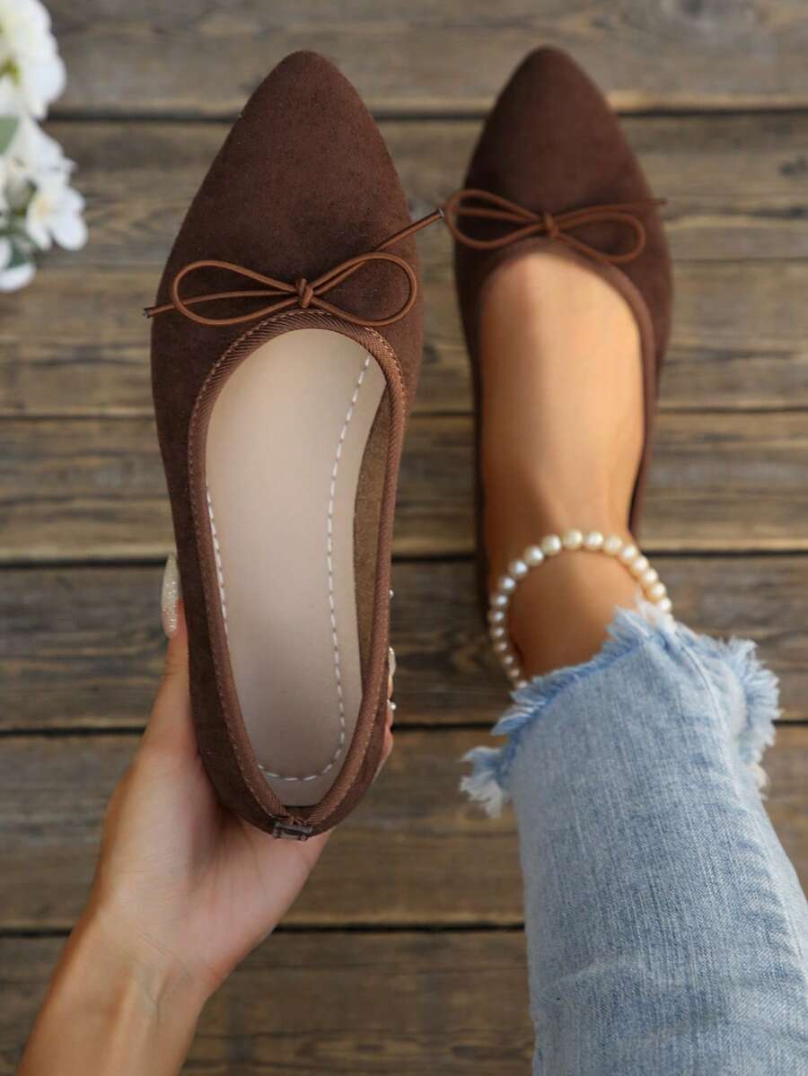 Women's Vintage Bow Pointed Toe Flat Shoes, Shallow Vamp Slip-On Commuter Versatile Shoes - Chocolate Brown - View 1