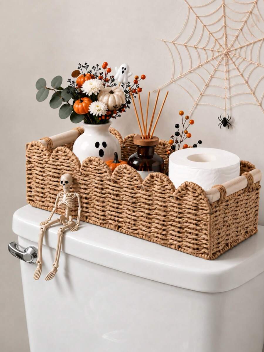 Storage Basket Toilet Paper Holder With Scalloped Edge Design Multi-Use Vanity Tray Countertop And Back Of Toilet Desktop Make Up Organizer Containers Room Home Bedroom House Bathroom Decor Kitchen Essentials Desk Accessories Household Wedding Items