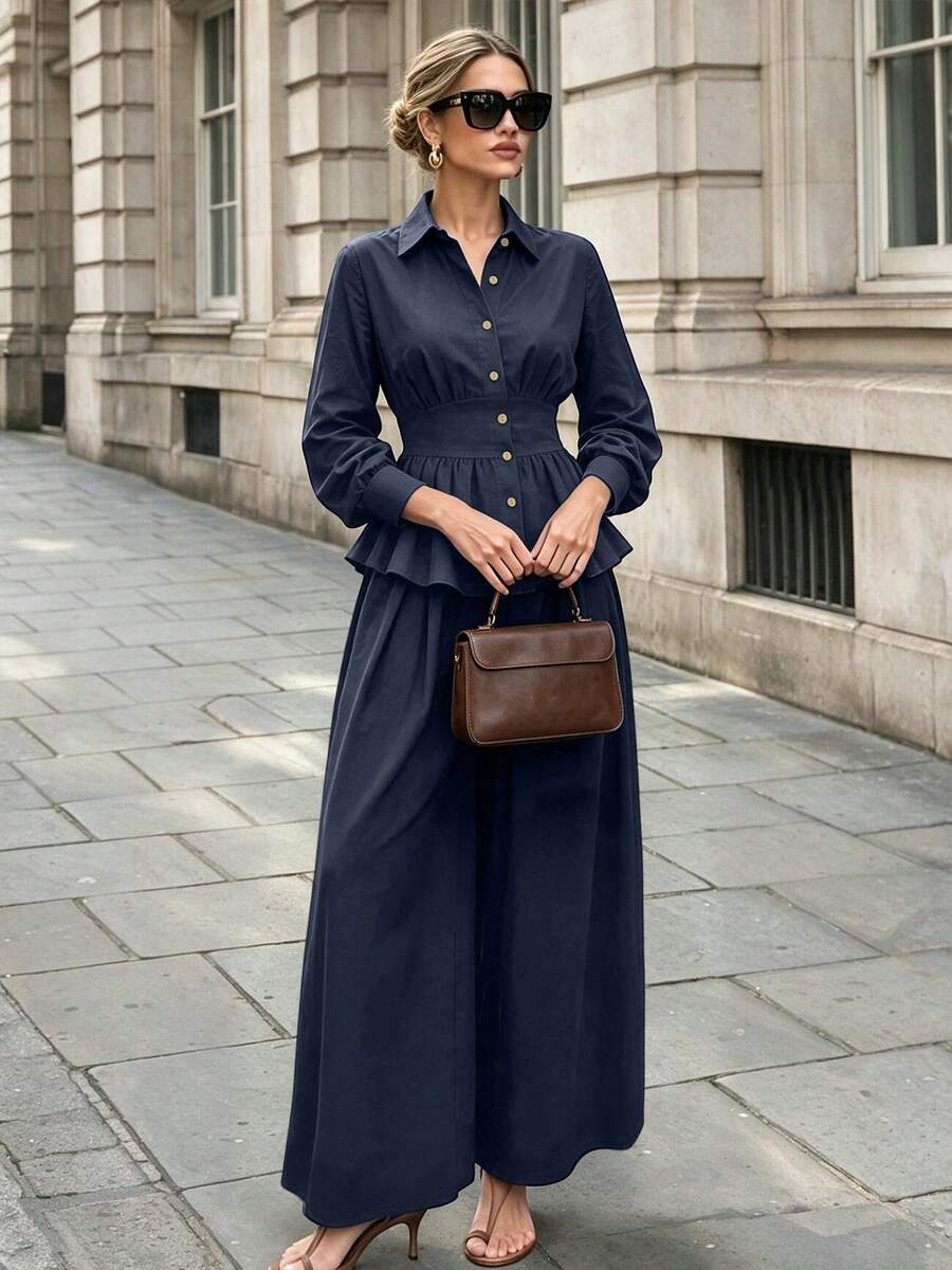 Women's Spring/Autumn French Elegant Lapel Front Button Ruffle Hem Long Sleeve Top And Wide Leg Pants 2 Pieces Set - Royal Blue - View 1