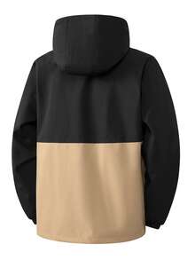 Chaqueta con capucha de bloques de color y patchwork para hombre, casual y versátil, holgada, con cremallera, abrigo para exteriores, adecuada para salidas diarias y desplazamientos - Negro - Ver 3