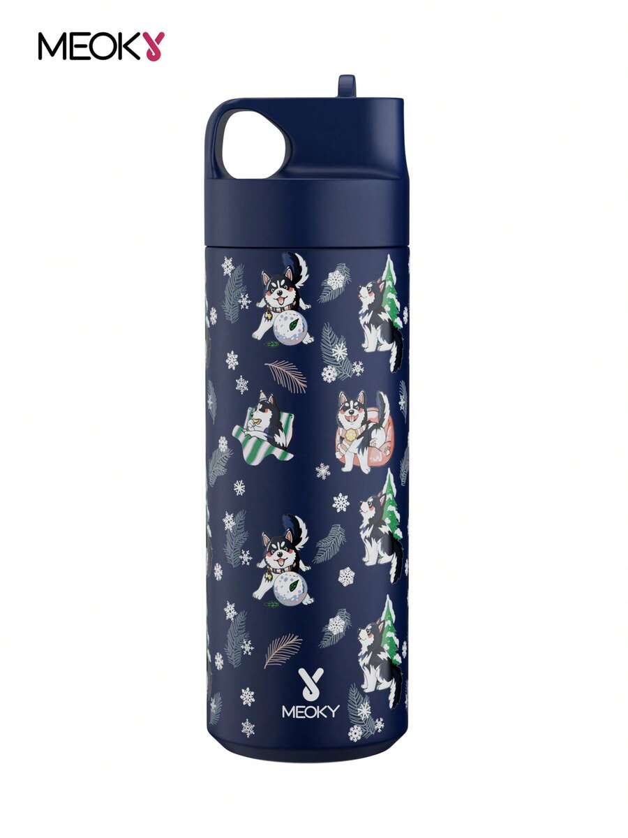 Meoky 19oz Deep Blue Husky Cartoon Print Stainless Steel Water Bottle With Handle Lid, Portable Water Bottle - Dark Blue Husky - View 1