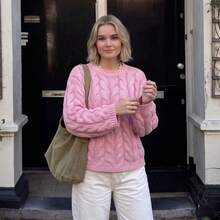 Women's Comfortable Pink Cable Knit Pullover Sweater, Long Sleeve Knitted Sweater, Regular Fit Winter Essential - Pink - View 4