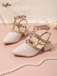 1 Pair Cream White Girls' Gold Rivet Decor Shiny PU Material Square Toe High-Top T-Strap Chunky Heel Cool Sandals Suitable For Summer Outfits, Parties, Banquets And Stage Performances 2026 New Style - Beige - View 1